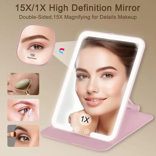 Miniatura 5 de Espejo de maquillaje de viaje recargable de 1500 mAh con luces, 1 espejo de tocador portátil con aumento de 15X, tocador cosmético iluminado