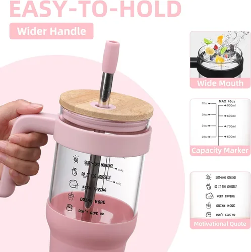 Miniatura 5 de chunmo Vaso de vidrio de 40 onzas con 2 tapas - Tapa de pajita de bambú y tapa de pajita 2 en 1 para sorber y voltear, taza de café helado con asa