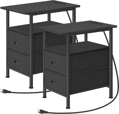 Miniatura 15 de HOOBRO Mesa auxiliar con estación de carga, mesa auxiliar estrecha con 2 cajones de tela, mesita de noche delgada con almacenamiento, mesita de Negro