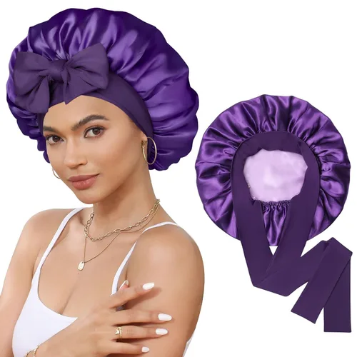 Miniatura 20 de Gorro de satén de seda para dormir, gorro de seda de doble capa con banda elástica para cabello rizado Negro+marrón
