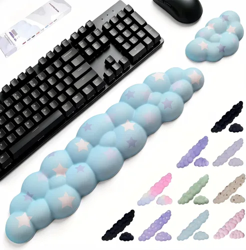 Miniatura 11 de Set de reposamuñecas Cloud para teclado y mouse, incluye bonito portavasos, para computadoras y laptops (Set Estrella Púrpura)