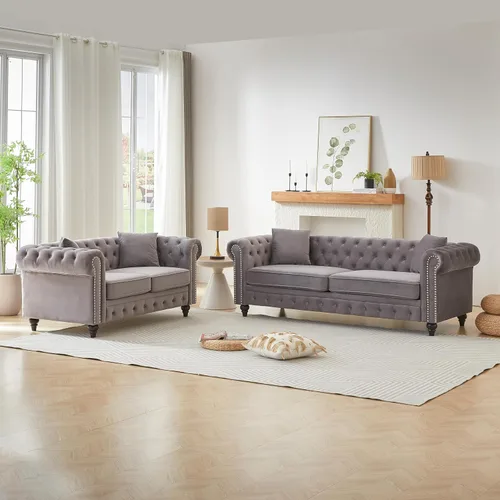 Miniatura 3 de Juego de sofá moderno de 2 piezas de mediados de siglo, sofá Chesterfield retro con botones copetudos, muebles para la sala, cómodo asiento profundo