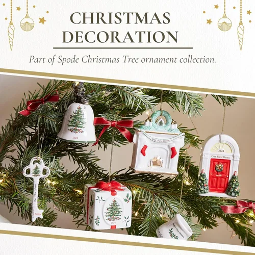 Miniatura 5 de Spode Adorno de chimenea para árbol de Navidad, primer hogar - Repisa festiva con medias, corona verde y acogedora escena de fuego, decoración