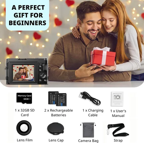 Miniatura 7 de Duluvulu Cámara digital 4K para enfoque automático de fotografía, cámara de video de 48 MP para YouTube con tarjeta SD, 2 baterías, cámara compacta