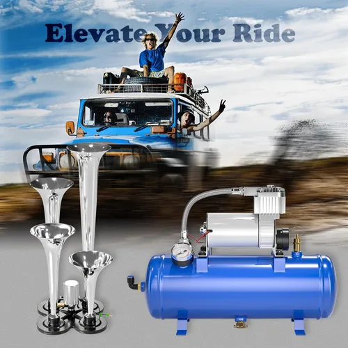 Miniatura 7 de Kit de bocina de aire de tren de 150 DB, kit de 4 bocinas de tren ruidosas para compresor de aire de 150 PSI 12V 1.59 galones para camiones, Azul