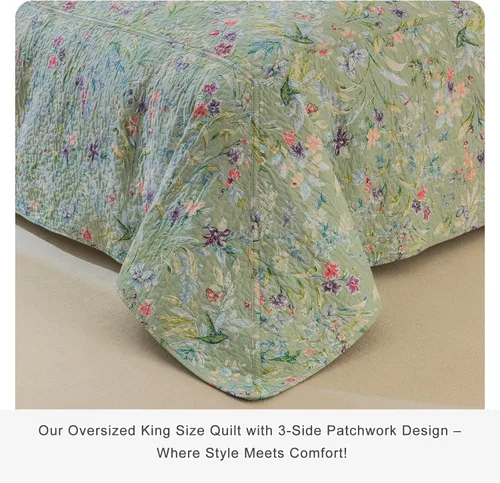 Miniatura 9 de Sanracie Edredón extragrande tamaño King (120"x120"), juego de edredón 100% algodón con estampado floral verde de 3 piezas, edredón suave y ligero