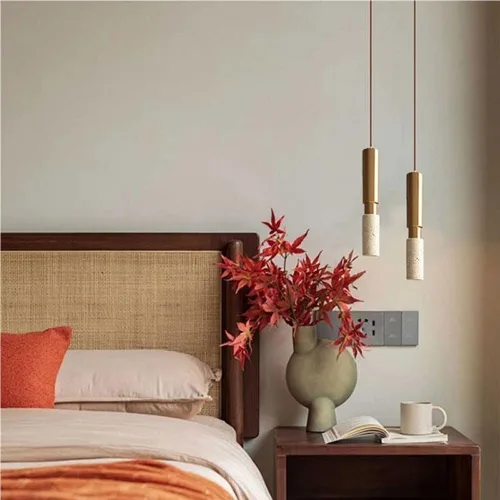 Miniatura 3 de Industrial Gold Iron Hanging Lamp Simple Long Tube Pendant Lights Japanese Wabi-Sabi 3000K Warm Light Yellow Travertine Chandelier for Living Room