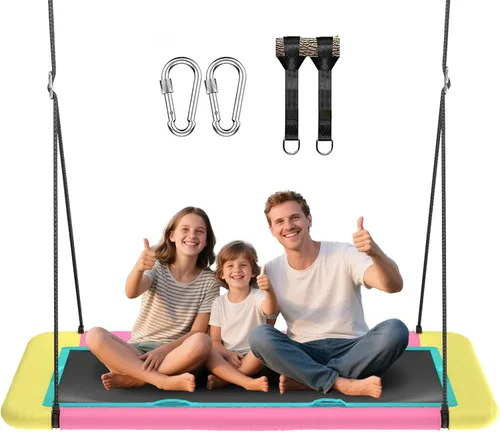 Columpio de árbol de plataforma rectangular de 60 pulgadas para niños y adultos, columpio volador gigante con correa ajustable para colgar, tela de