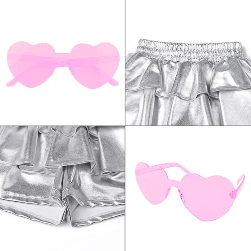 Miniatura 7 de Pantalones cortos metálicos plisados para niñas, con volantes brillantes, para patinadora, danza, cintura elástica, pantalones con gafas de sol
