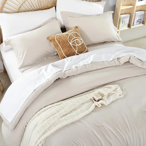 Miniatura 7 de weigelia Juego de edredón individual de 5 piezas beige en una bolsa, suave juego de ropa de cama Queen ligero para mujeres y hombres