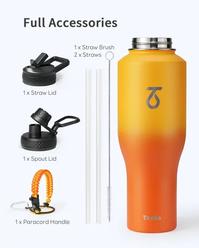 Miniatura 6 de Trebo Botella de agua aislada de 40 onzas que cabe en el soporte para tazas, botellas de acero inoxidable, vaso de metal de doble pared con tapas