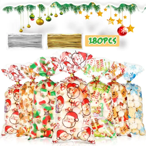 Miniatura 2 de Blulu 180 bolsas de fiesta de Navidad, bolsas de plástico de celofán de Papá Noel con 200 lazos dorados y plateados para vacaciones, fiestas