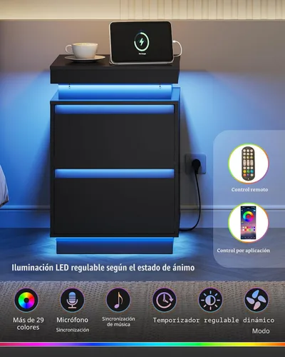 Miniatura 4 de WLIVE Mesita de noche negra con estación de carga y luces LED, mesita de noche con 2 cajones de madera y parte superior deslizante, mesa auxiliar