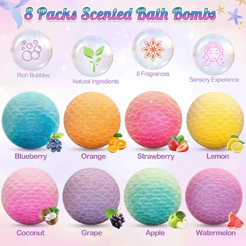 Miniatura 4 de 8 Paquetes de Bombas de Baño de Sirena para Niñas, Kit de Bomba de Baño de Burbujas con Juguetes Sorpresa Adentro, Juguetes de Baño para Niños de 4