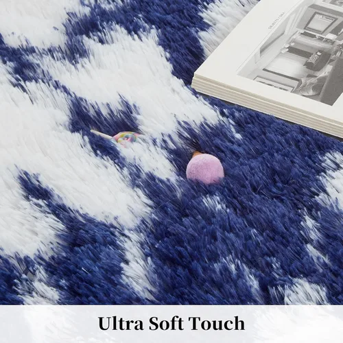 Miniatura 4 de GAOMON Alfombra moderna de pelo largo azul y blanco para niños, de 2 x 6 pies, ultra suave, peluda, para interiores, alfombra de pelo alto