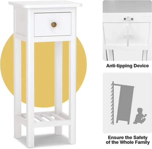 Miniatura 7 de Harmony-Furniture - Mesa auxiliar estrecha, mesita de noche alta con cajón y estante, mesita de noche pequeña con dispositivo antivuelco, sin