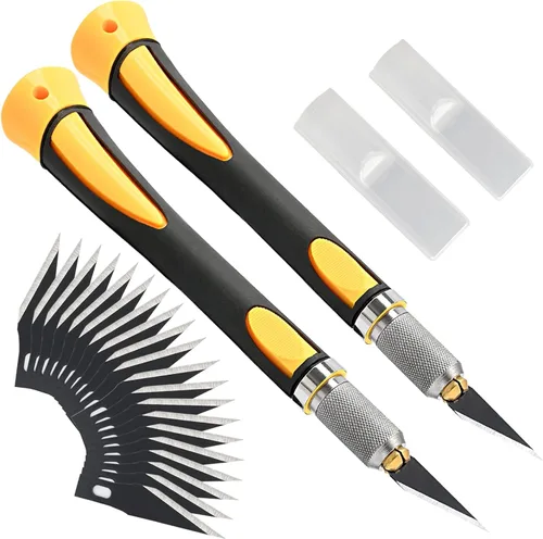 Miniatura 8 de FOSHIO Juego de 2 cuchillos de precisión para manualidades con 20 cuchillas de repuesto, mango ergonómico antideslizante con cubierta protectora