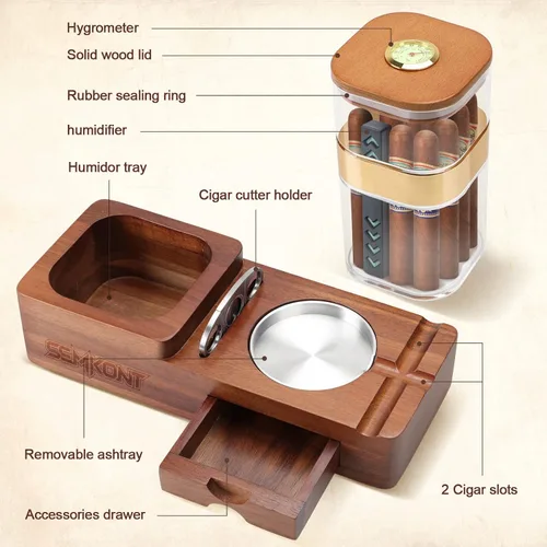 Miniatura 2 de Set de humidificador de puros y cenicero SEMKONT, bandeja de madera con frasco humidificador de acrílico, soporte para cortador, cajón, ranura