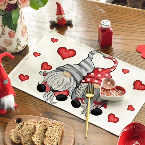 Miniatura 3 de Artoid Mode Juego de 4 manteles individuales con diseño de gnomos y corazones de San Valentín, 12 x 18 pulgadas, para boda, aniversario, primavera