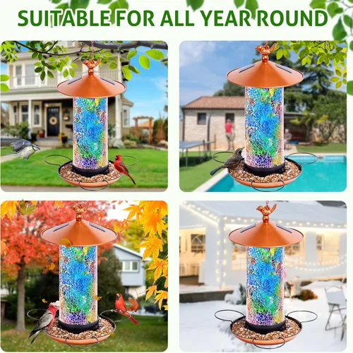 Miniatura 7 de XDW-GIFTS Comedero solar de mosaico, forma de linterna impermeable con gancho y 4 luces LED, decoración de jardín para césped, patio, balcón, adorno