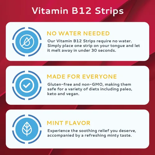 Miniatura 2 de Paquete de 100 tiras de vitamina B12 Tiras con sabor a menta fáciles de disolver por vía oral Tiras de 1500 mcg Vit B12 se disuelve debajo