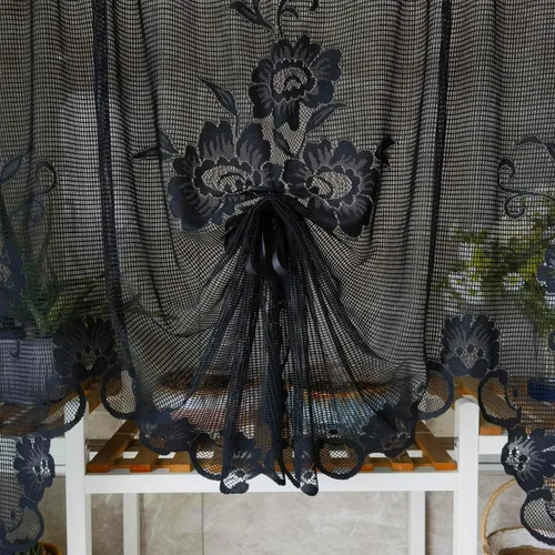 Miniatura 4 de Cenefa de cortina de encaje transparente con bordado floral negro, estilo princesa, estilo princesa, cenefa de cortina bordada en cascada
