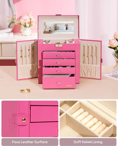 Miniatura 51 de Homde Regalos de Navidad de cuero sintético, enorme joyero, organizador de reloj con espejo, collar, anillo y aretes, estuche de regalo con Dorado