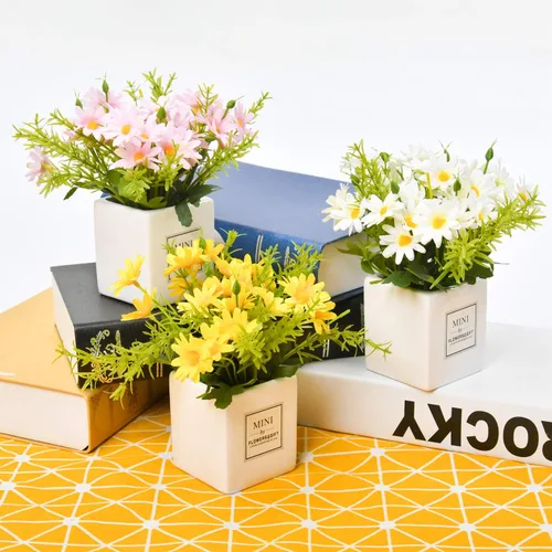 Miniatura 7 de AIFUSI Flores artificiales, flores sintéticas en jarrón, decoración de margaritas blancas pequeñas, margaritas artificiales sedosas, decoración