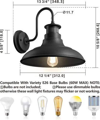 Miniatura 6 de Paquete de 2 apliques de pared estilo granja con cuello de ganso, luces de granero, sensor de movimiento y del anochecer al amanecer, accesorios