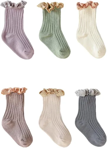 Miniatura 2 de TIBE PINCESS Calcetines de tobillo vintage con volantes para bebés y niñas, calcetines de encaje acanalados a cuadros para vestir