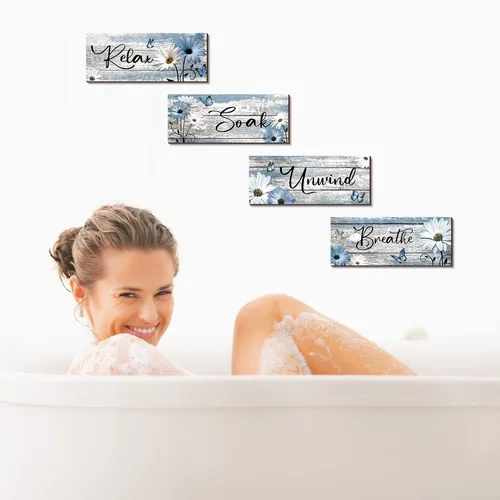 Miniatura 6 de Sunnyray 4 carteles de decoración de pared de baño de granja, margaritas y mariposas, arte de pared para baño, relajarse y relajarse, respirar, Azul