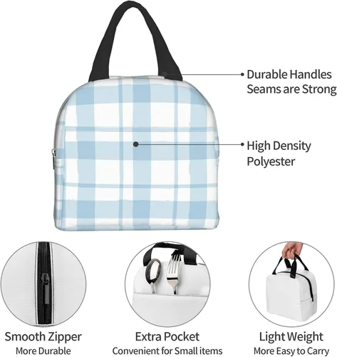 Miniatura 5 de Lonchera con diseño a cuadros azules aislada, bolsa térmica para almuerzo para adultos, niños, niñas, mujeres, oficina, trabajo, escuela, picnic