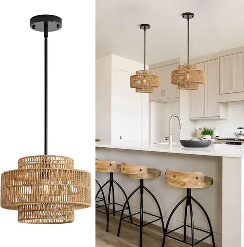 Miniatura 13 de 12.4” Candelabro de ratán boho, 1 luz, lámpara colgante tejida a mano, lámpara colgante rústica de estilo granja para isla de cocina, recámara