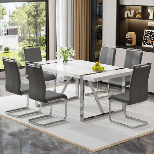 Miniatura 36 de Mesa de comedor Ebullient para 4, mesa de comedor rectangular negra de MDF, tapa de mesa de cena de mármol falso, mesa de comedor moderna con marco