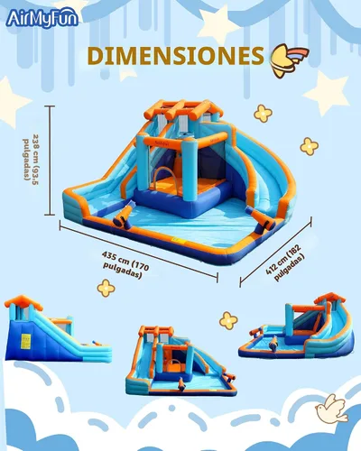 Miniatura 3 de AirMyFun Tobogán acuático inflable para patio trasero de niños, Mega parque acuático 9 en 1 con toboganes de carreras duales, pista deslizante larga