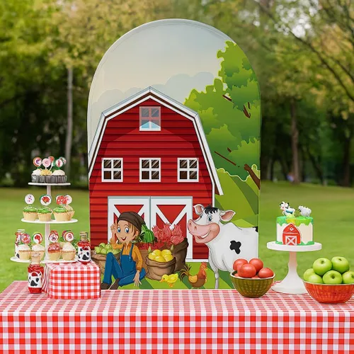 Miniatura 7 de HUAYI Cubierta de fondo de arco de granjero rojo de dibujos animados para fiestas de granja para niños, decoraciones de fondo de Chiara, cubiertas