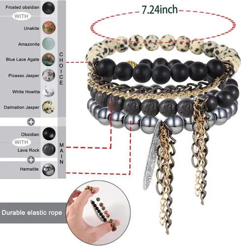 Miniatura 4 de Pulseras de piedra de lava natural de 0.315in para hombres, difusor de aceites esenciales de cristal curativo, pulsera de chakras, yoga, energía