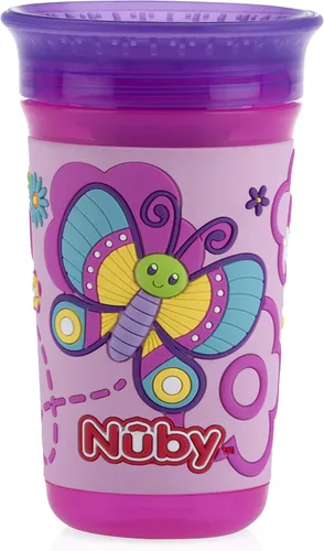 Nuby 360 Degree Easy Sip 3D Grip Wonder Cup con funda de silicona impresa, morado, mariposa, 10 onzas