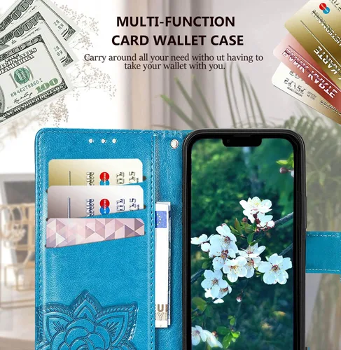 Miniatura 4 de Funda tipo cartera para iPhone 13 para mujeres, diseño plegable tipo folio con mariposa en relieve, cuero PU con soporte, ranuras para tarjetas