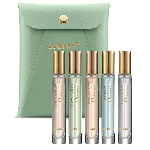 LOVERY Regalos para el día de la madre para mamá, ella y él, juego de 5 perfumes para mujeres y hombres con bolsa de cuero, mini perfume de 0.3 fl