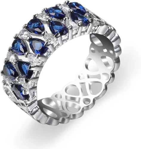 HaoMo - Anillo de boda de plata de ley 925 con topacio y zafiro, anillo de boda brillante en forma de lágrima de pera azul y diamantes de imitación