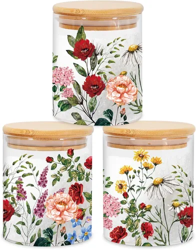 Miniatura 9 de JarThenaAMCS 3 Frascos de Almacenamiento de Vidrio Floral de Primavera con Tapa Hermética Tulipán Flor Gnomo Camión Mariposa Juegos de Recipientes