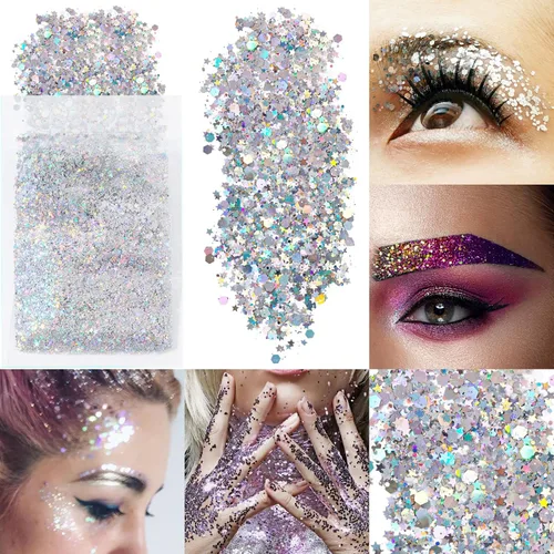 Miniatura 6 de 4 hojas de gemas faciales de Euforia, 0.35 oz de purpurina gruesa, calcomanías de diamantes de imitación que brillan en la oscuridad, gemas