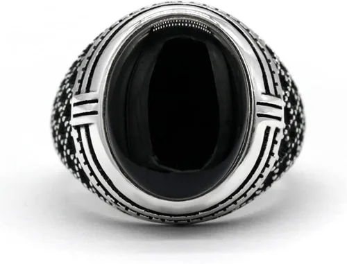 Miniatura 5 de SKOOMEN Anillo de plata de ónix negro para hombre, anillo ovalado grande con caja de joyería, joyería fina para hombre con piedras preciosas