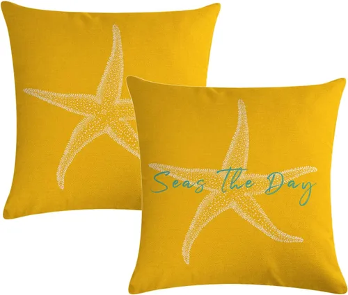 Miniatura 11 de Juego de 2 fundas de almohada con diseño de mar y estrella de mar sobre fondo azul marino, rectangular, para la cintura, diseño de mar costero