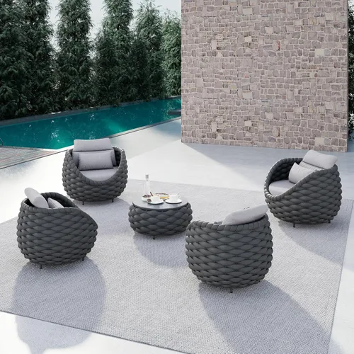 Miniatura 25 de Juego de muebles de patio de cuerda de 4 piezas: conjunto de sofás al aire libre de aluminio acolchado - sofá de conversación moderno ensamblado