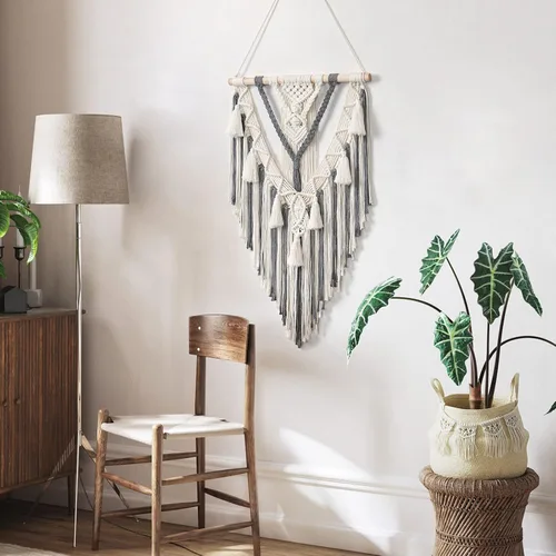 Miniatura 2 de Dremisland - Tapiz tejido de macramé para colgar en la pared, estilo bohemio geométrico, en beige y gris, de algodón hecho a mano, decoración