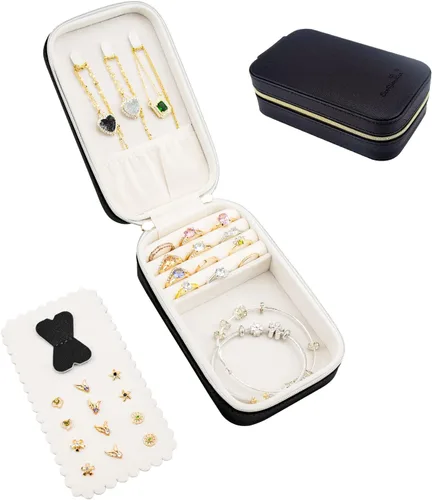 SANQIANWAN Pequeña caja organizadora de viaje de joyería con estuche portátil de piel sintética para collares, anillos, aretes, diseño de borlas,