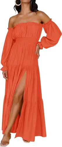 Miniatura 18 de ZESICA - Vestido largo, bohemio y sexy, con hombros descubiertos y manga larga fruncida, con elástico fruncido, cintura alta y abertura lateral