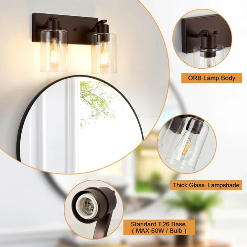 Miniatura 4 de 2 Luces de Iluminación para Baño, Accesorios de Iluminación de Tocador en Bronce Cepillado con Soporte de Vidrio Transparente de 33cm, Lámparas